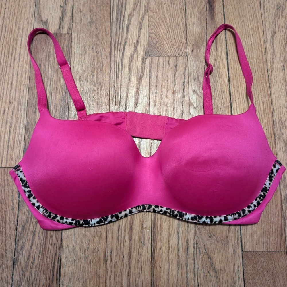 Victoria's Secret Hot Pink Balconet Bra Leopard Print Trim 36C Underwire